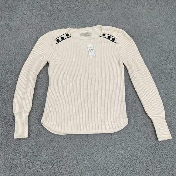 NEW LOFT Knit Sweater Women S White Crew Neck Button Shoulder - Picture 2 of 10